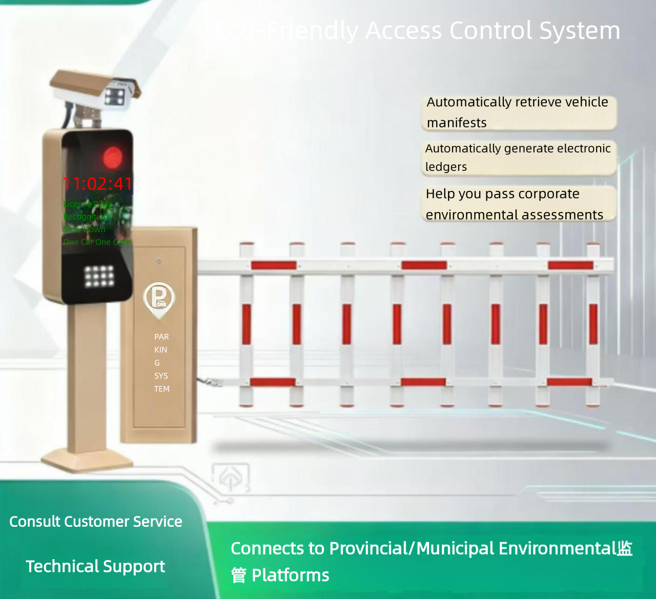 Eco‑Friendly Vehicle Access Control System, Automatic License Plate Recognition Barrier Gate Connectable To Provincial Environmental‑Monitoring Platform