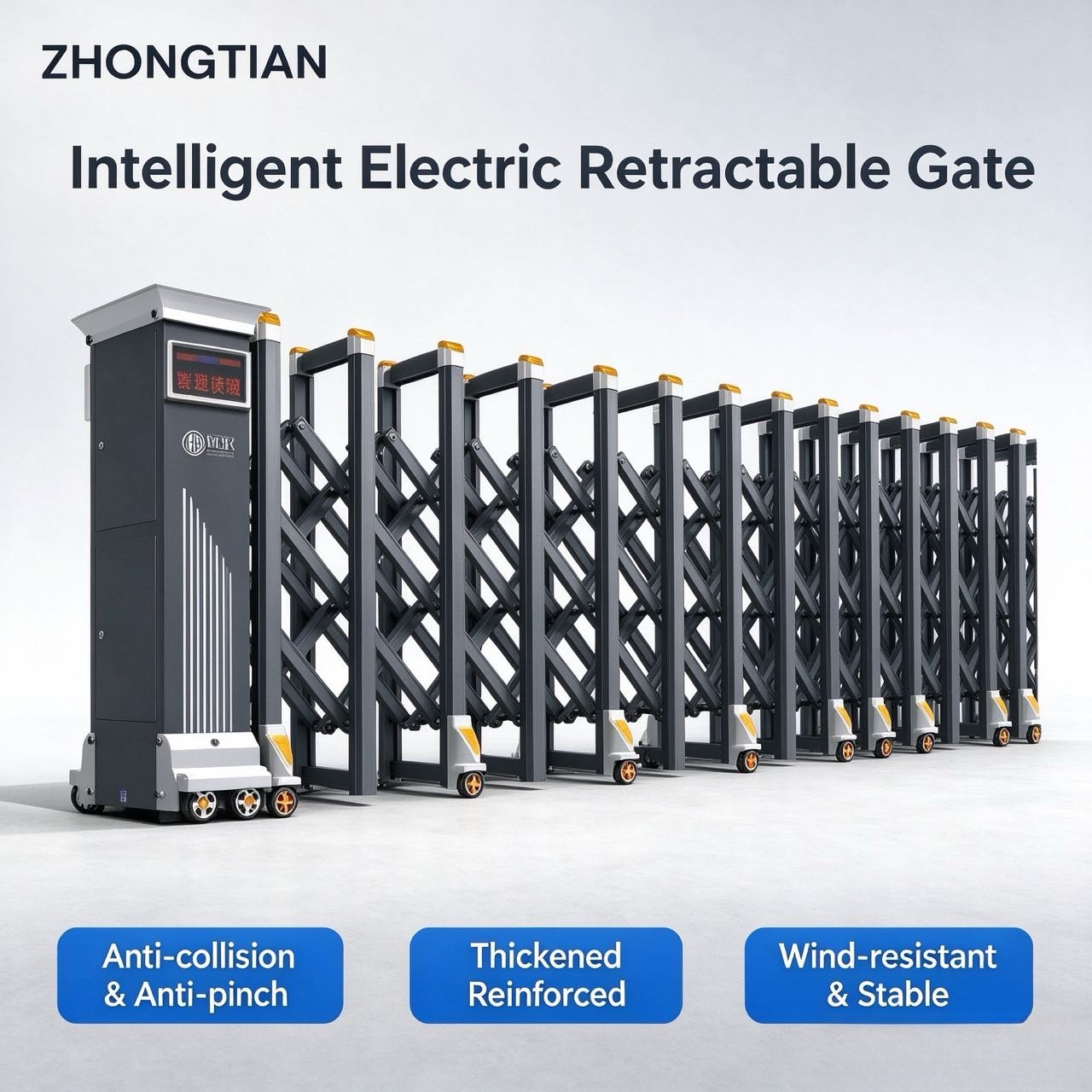Intelligent Electric Retractable Accordion Gate, Automatic Scissor Security Gate, Anti-Collision Anti-Pinch, Thick Reinforced, Wind Stable, Customizable Length for Factory, School, Yard