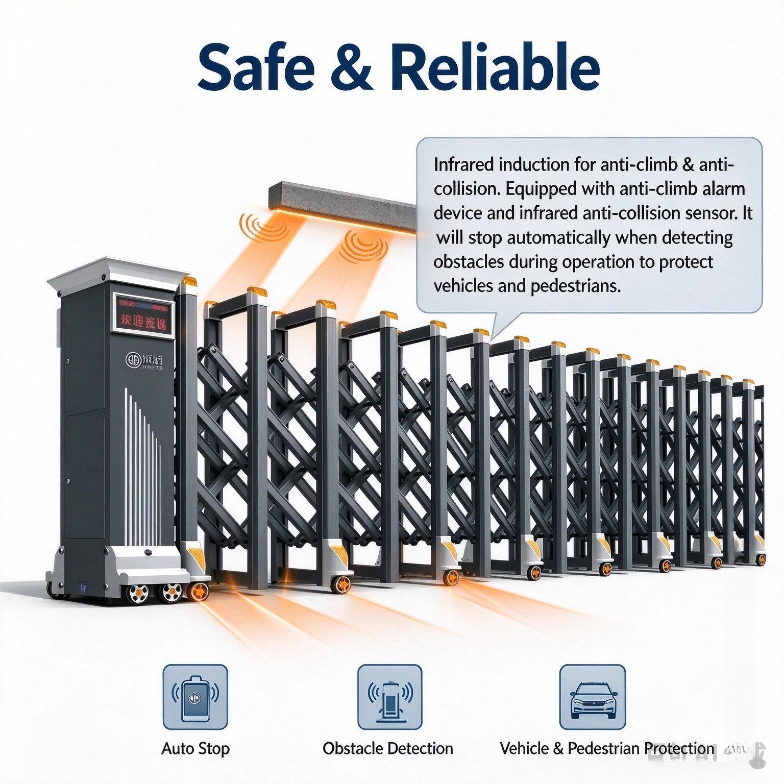 Intelligent Electric Retractable Accordion Gate, Automatic Scissor Security Gate, Anti-Collision Anti-Pinch, Thick Reinforced, Wind Stable, Customizable Length for Factory, School, Yard - 图片 5