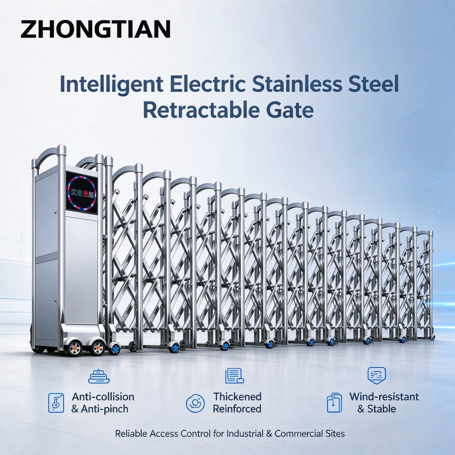 Stainless Steel Intelligent Electric Retractable Gate, Automatic Scissor Security Gate, Anti-Collision Anti-Pinch, Thickened & Reinforced, Wind Resistant, Custom Length for Factory, School & Yard Entrance