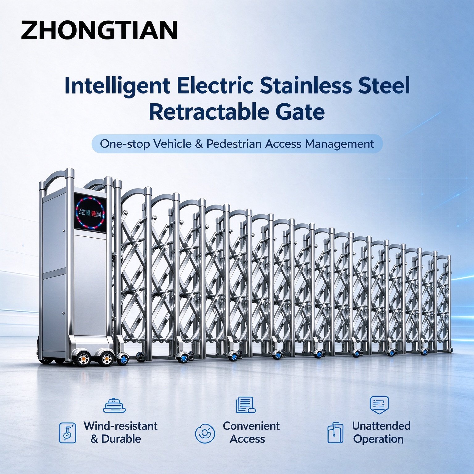 Stainless Steel Intelligent Electric Retractable Gate, Automatic Scissor Security Gate, Anti-Collision Anti-Pinch, Thickened & Reinforced, Wind Resistant, Custom Length for Factory, School & Yard Entrance - 图片 2