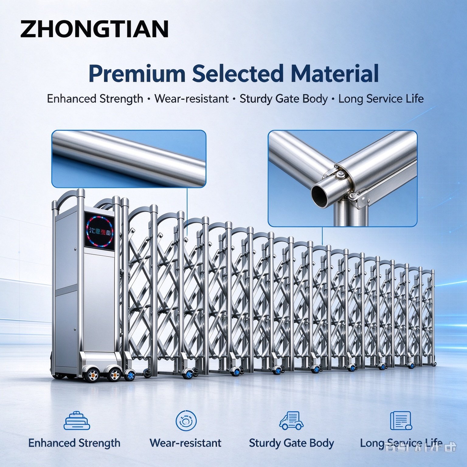 Stainless Steel Intelligent Electric Retractable Gate, Automatic Scissor Security Gate, Anti-Collision Anti-Pinch, Thickened & Reinforced, Wind Resistant, Custom Length for Factory, School & Yard Entrance - 图片 4