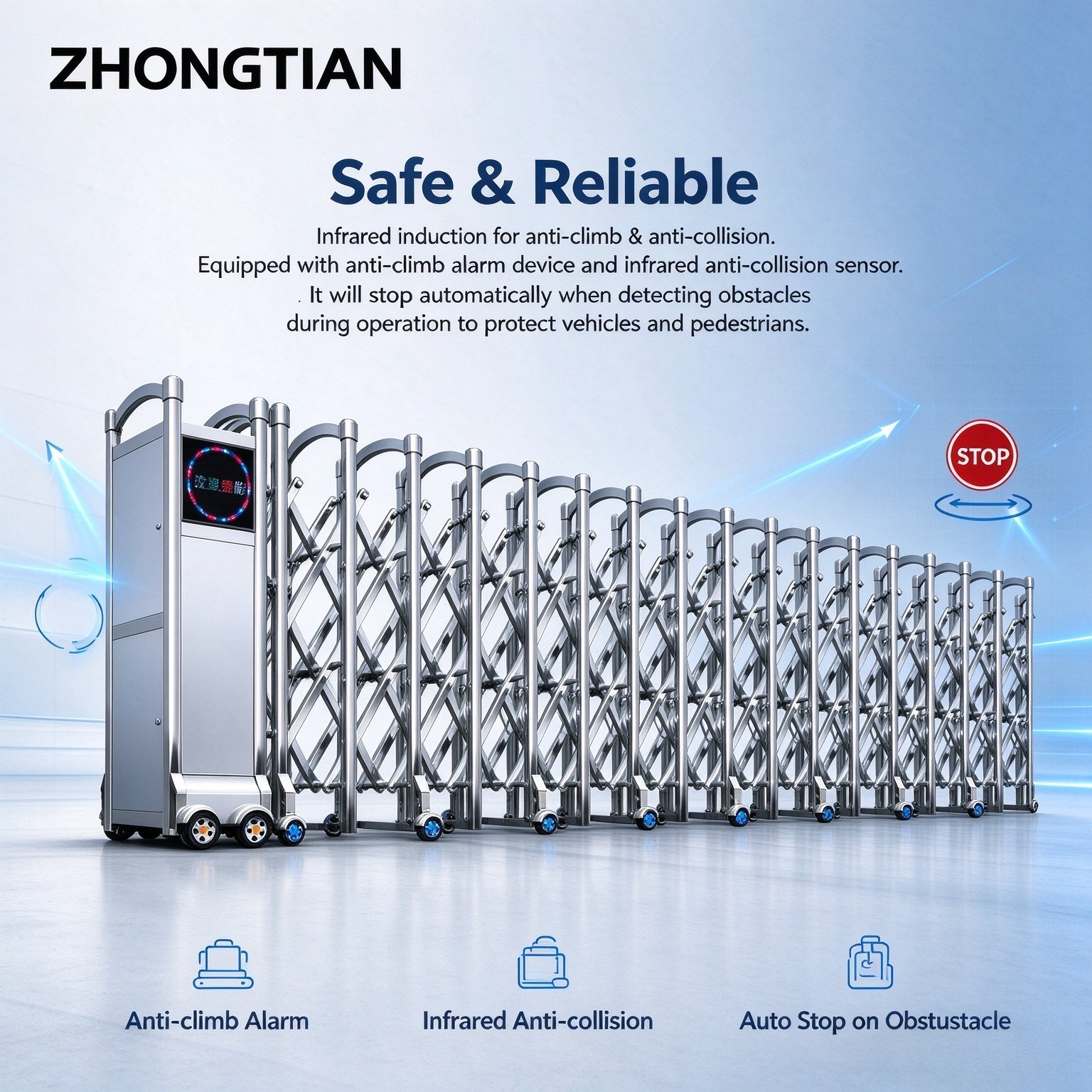 Stainless Steel Intelligent Electric Retractable Gate, Automatic Scissor Security Gate, Anti-Collision Anti-Pinch, Thickened & Reinforced, Wind Resistant, Custom Length for Factory, School & Yard Entrance - 图片 6