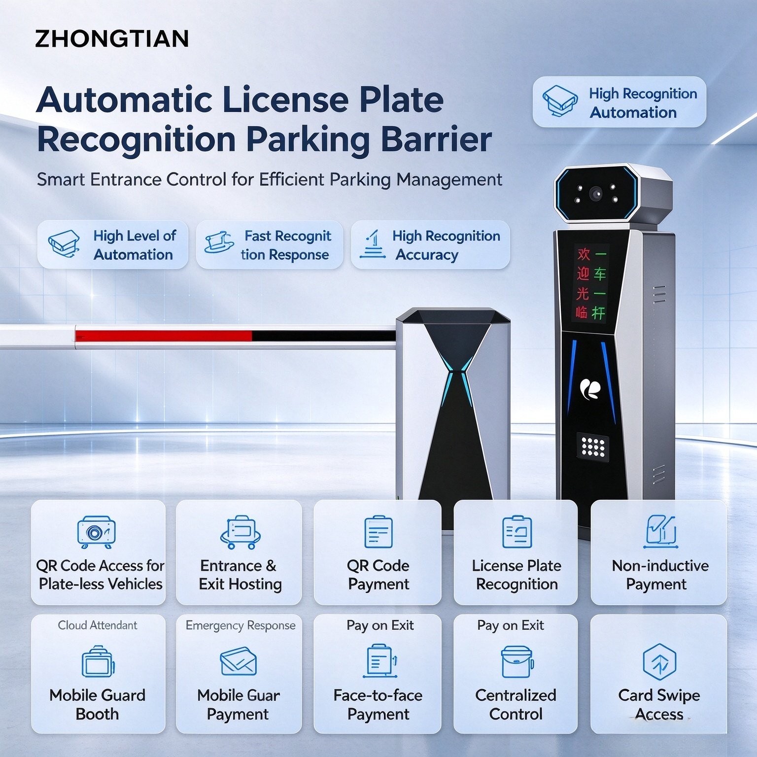 License Plate Recognition All-in-One Barrier Gate, AI Smart Cloud Parking System with 9 Abnormal Plate Recognition Algorithms, Anti-Crush Vehicle Boom Barrier for Parking Lot - 图片 2