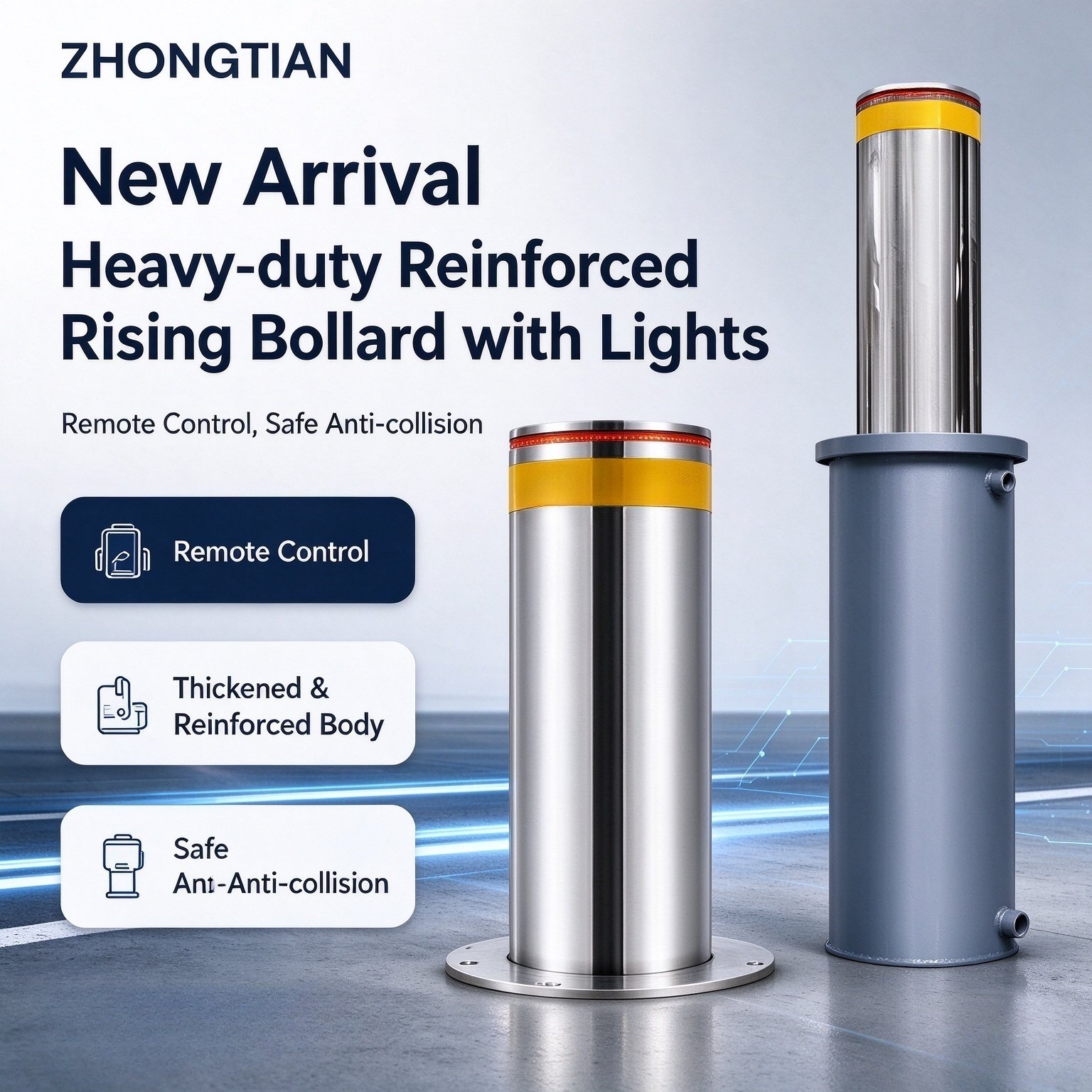 Electric Hydraulic Integrated Shallow-buried Rising Bollard, 304 Stainless Steel IP68 Waterproof Anti-collision Security Bollard for School Hospital Community - 图片 2