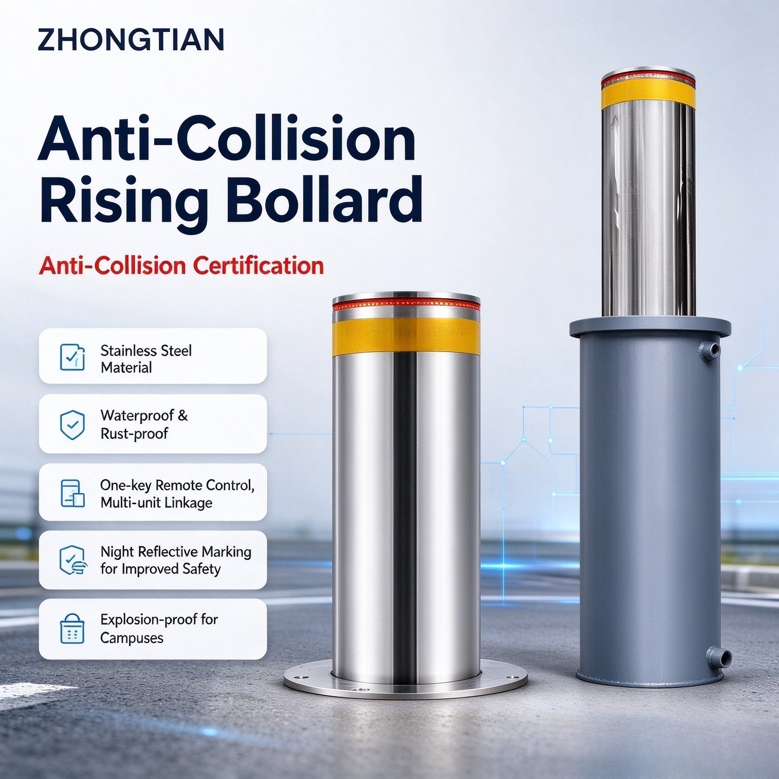 Electric Hydraulic Integrated Shallow-buried Rising Bollard, 304 Stainless Steel IP68 Waterproof Anti-collision Security Bollard for School Hospital Community - 图片 3