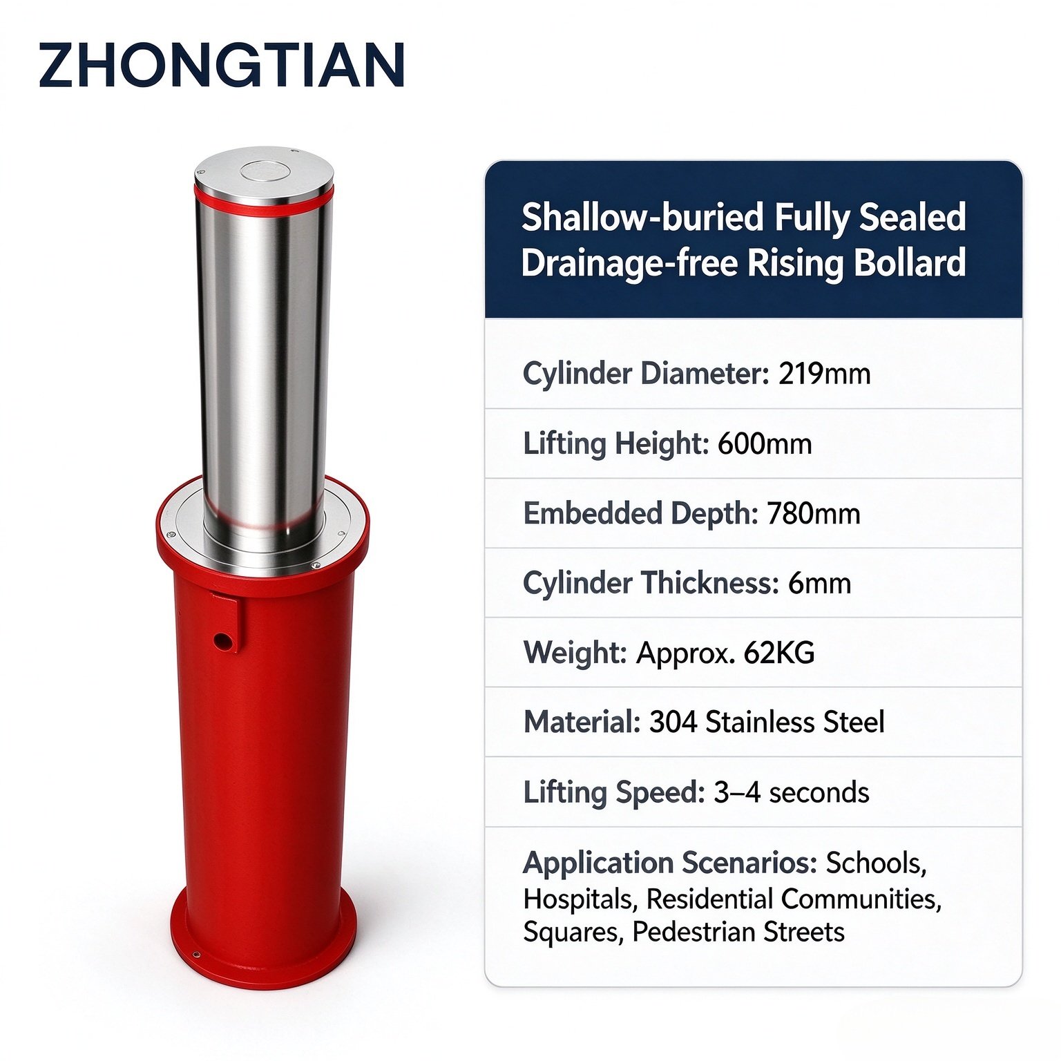 Electric Hydraulic Integrated Shallow-buried Rising Bollard, 304 Stainless Steel IP68 Waterproof Anti-collision Security Bollard for School Hospital Community - 图片 5