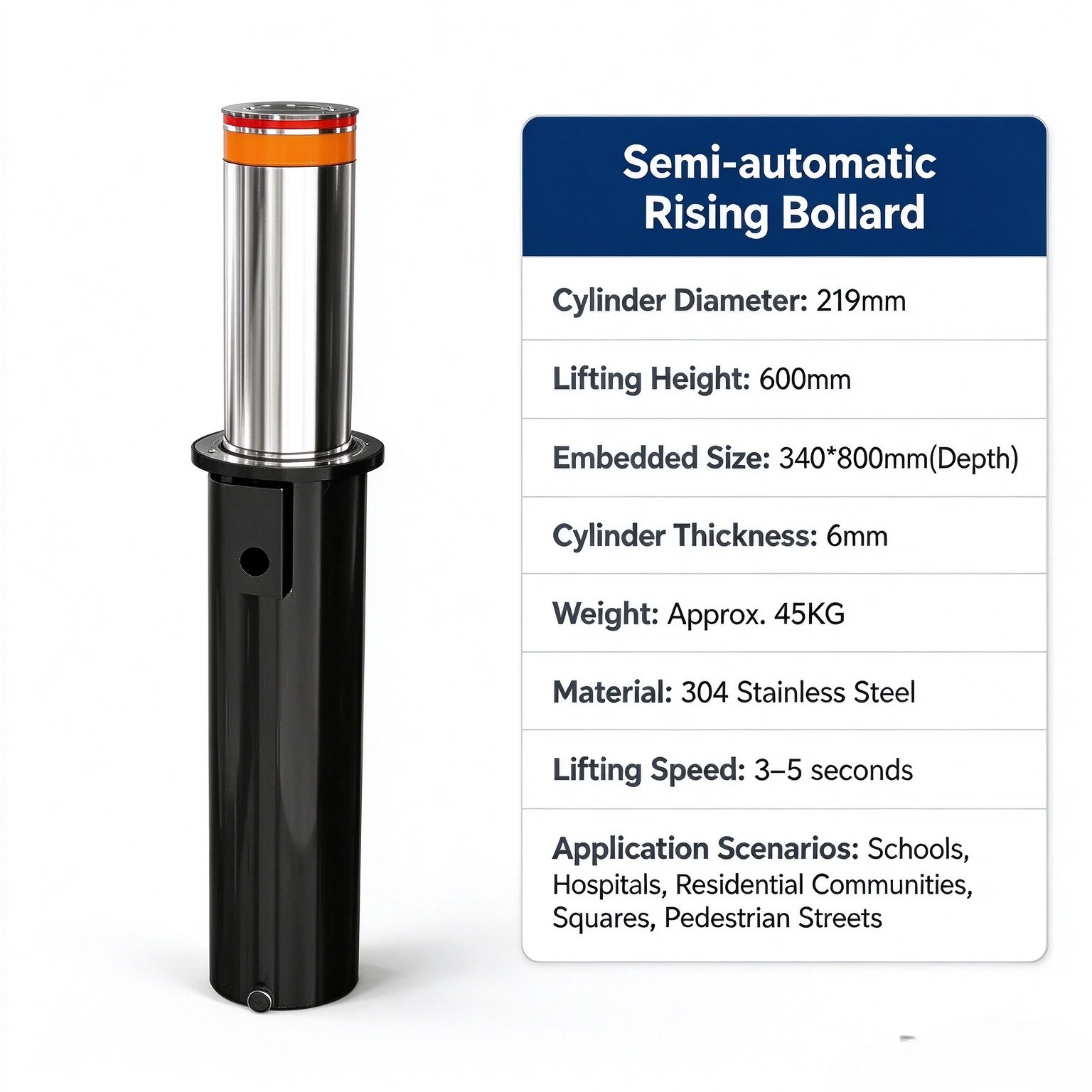 Electric Hydraulic Integrated Shallow-buried Rising Bollard, 304 Stainless Steel IP68 Waterproof Anti-collision Security Bollard for School Hospital Community - 图片 6