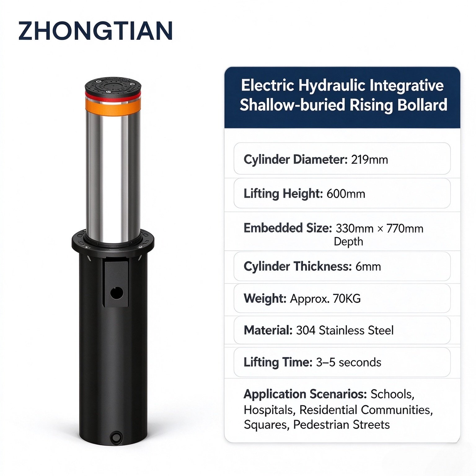 Electric Hydraulic Integrated Shallow-buried Rising Bollard, 304 Stainless Steel IP68 Waterproof Anti-collision Security Bollard for School Hospital Community - 图片 7