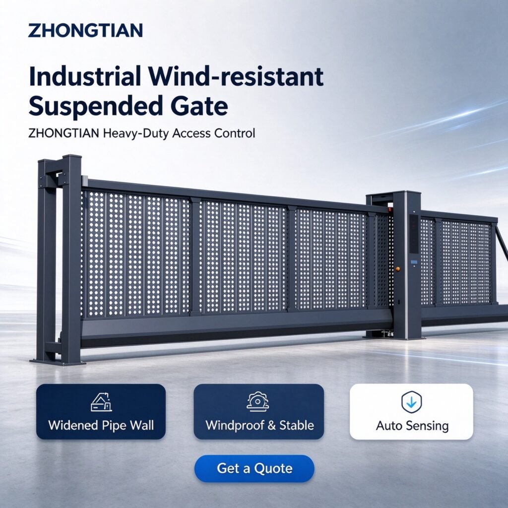 Aluminum alloy suspended gate, wheel-free & rail-free, runs smoothly on uneven, icy and snowy ground. Support remote control, APP, infrared anti-collision, license plate recognition. Custom size for factory, courtyard, community and school entrance security.
